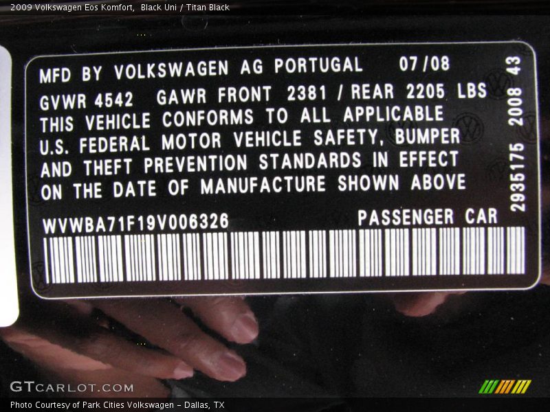 Black Uni / Titan Black 2009 Volkswagen Eos Komfort