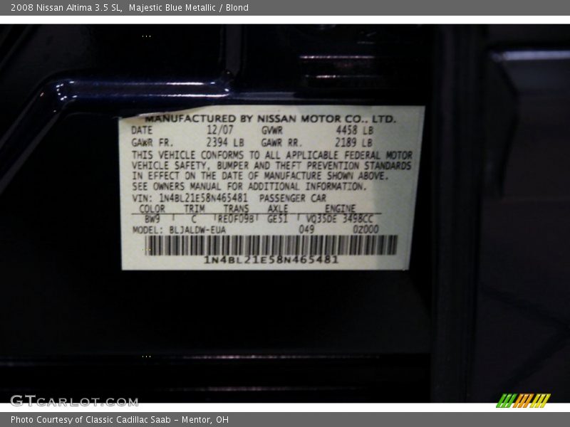 Majestic Blue Metallic / Blond 2008 Nissan Altima 3.5 SL