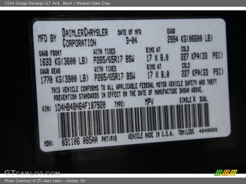 Black / Medium Slate Gray 2004 Dodge Durango SLT 4x4