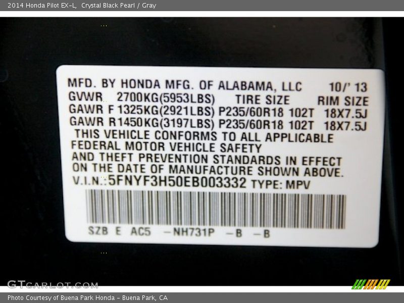 Crystal Black Pearl / Gray 2014 Honda Pilot EX-L