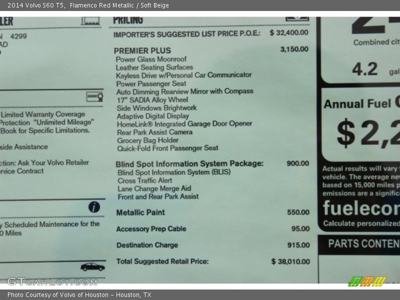  2014 S60 T5 Window Sticker