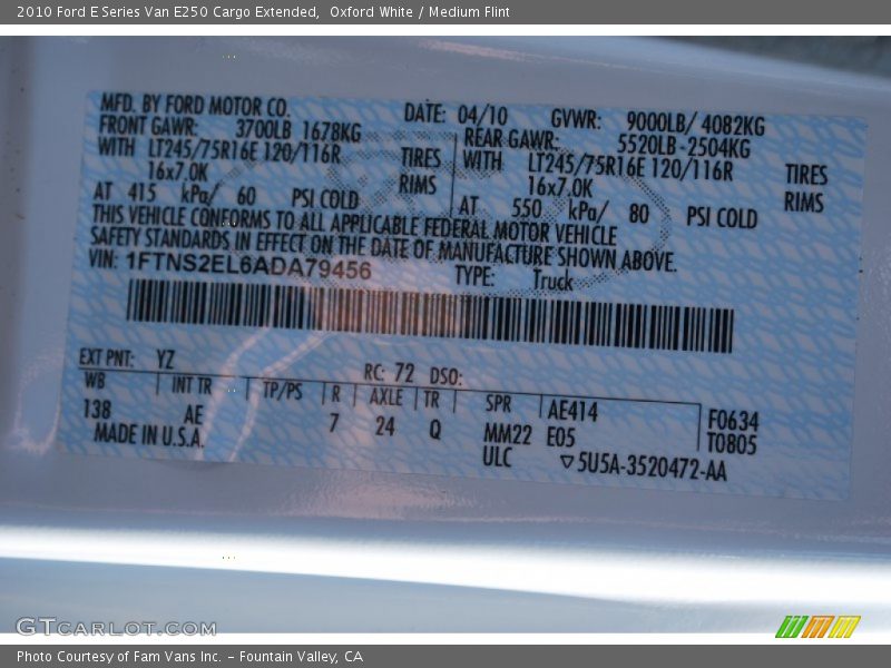 Oxford White / Medium Flint 2010 Ford E Series Van E250 Cargo Extended