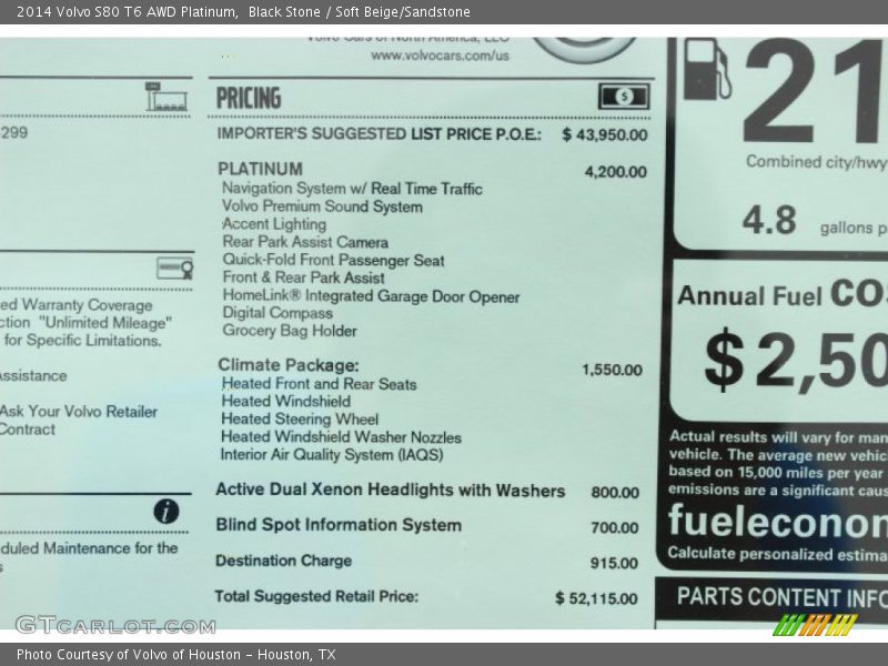  2014 S80 T6 AWD Platinum Window Sticker