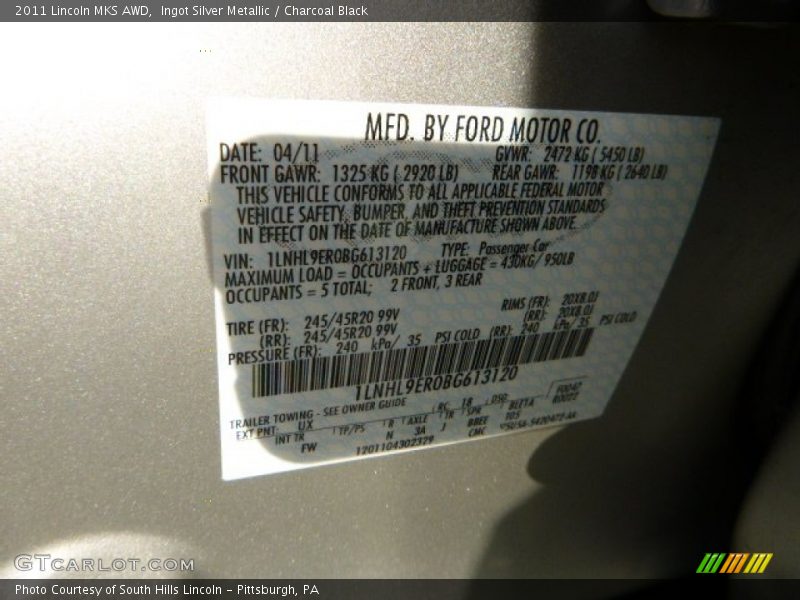 Ingot Silver Metallic / Charcoal Black 2011 Lincoln MKS AWD