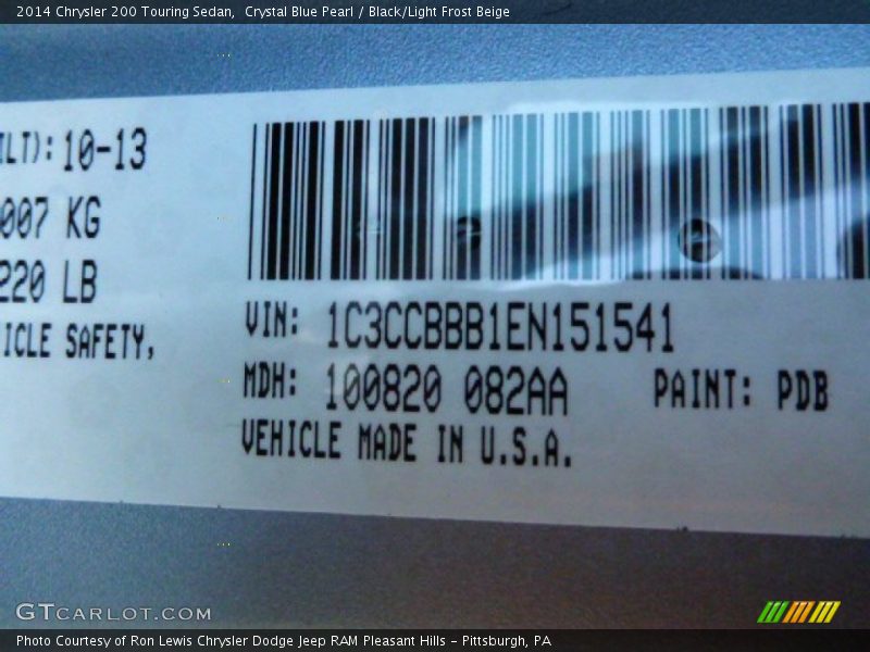 Crystal Blue Pearl / Black/Light Frost Beige 2014 Chrysler 200 Touring Sedan
