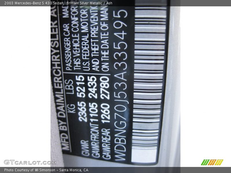 Brilliant Silver Metallic / Ash 2003 Mercedes-Benz S 430 Sedan