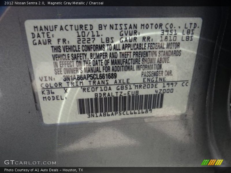 Magnetic Gray Metallic / Charcoal 2012 Nissan Sentra 2.0