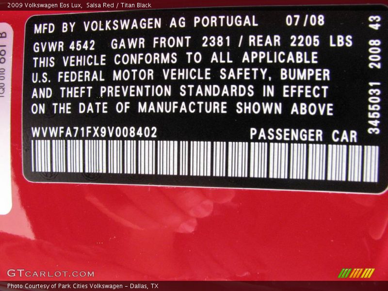 Salsa Red / Titan Black 2009 Volkswagen Eos Lux