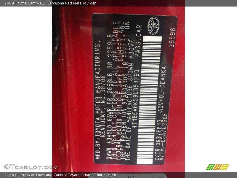 Barcelona Red Metallic / Ash 2009 Toyota Camry LE