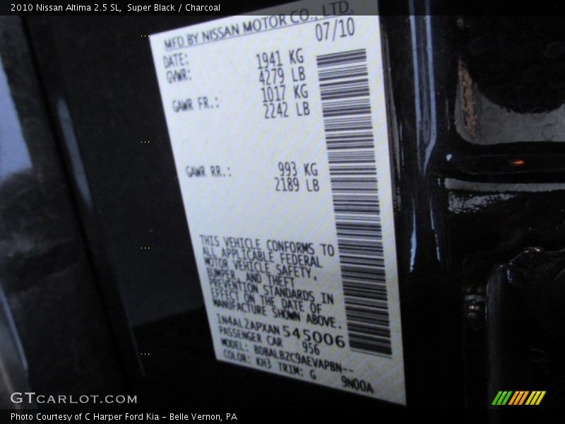 Super Black / Charcoal 2010 Nissan Altima 2.5 SL