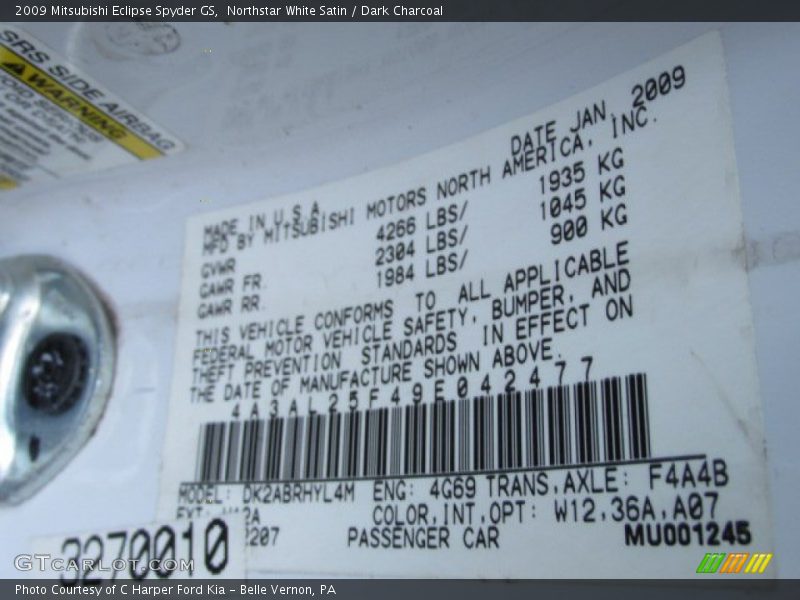 Northstar White Satin / Dark Charcoal 2009 Mitsubishi Eclipse Spyder GS