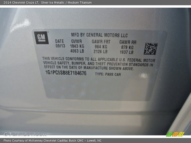 Silver Ice Metallic / Medium Titanium 2014 Chevrolet Cruze LT