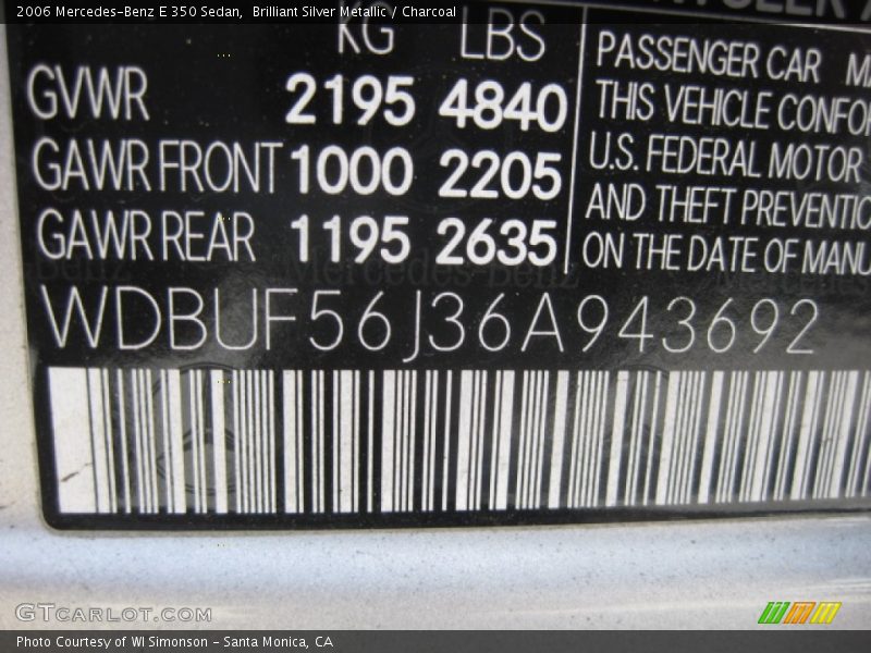 Brilliant Silver Metallic / Charcoal 2006 Mercedes-Benz E 350 Sedan