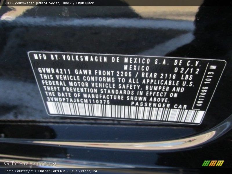 Black / Titan Black 2012 Volkswagen Jetta SE Sedan
