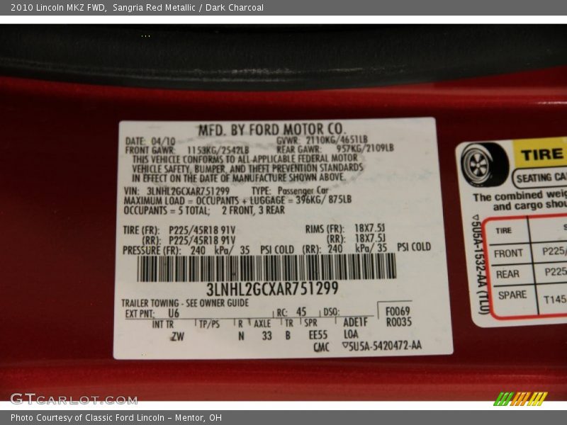 Sangria Red Metallic / Dark Charcoal 2010 Lincoln MKZ FWD
