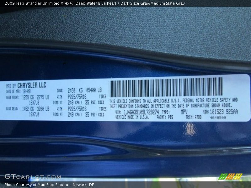 Deep Water Blue Pearl / Dark Slate Gray/Medium Slate Gray 2009 Jeep Wrangler Unlimited X 4x4