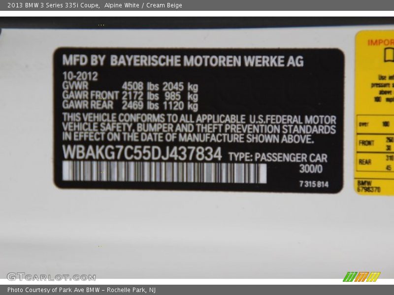 Alpine White / Cream Beige 2013 BMW 3 Series 335i Coupe