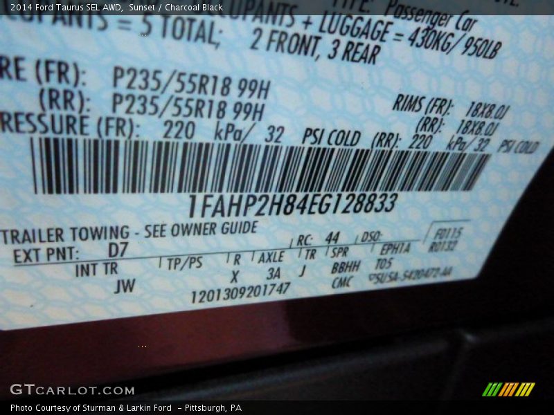 2014 Taurus SEL AWD Sunset Color Code D7