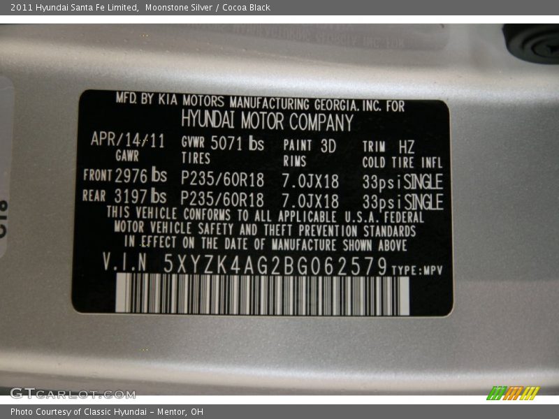 Moonstone Silver / Cocoa Black 2011 Hyundai Santa Fe Limited