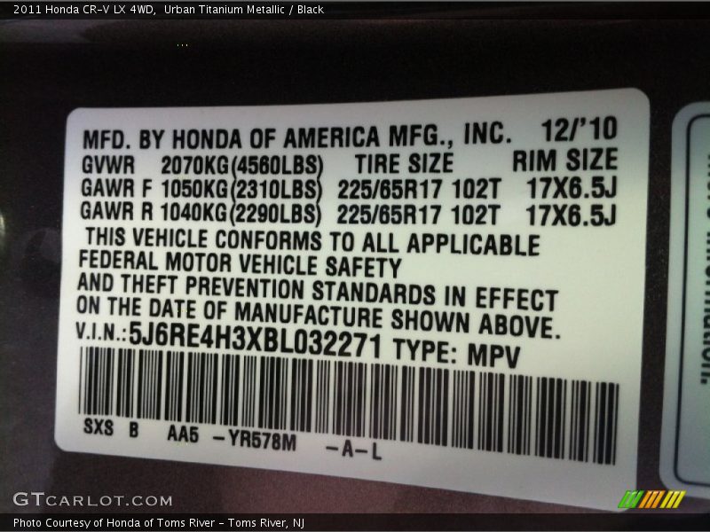 Urban Titanium Metallic / Black 2011 Honda CR-V LX 4WD
