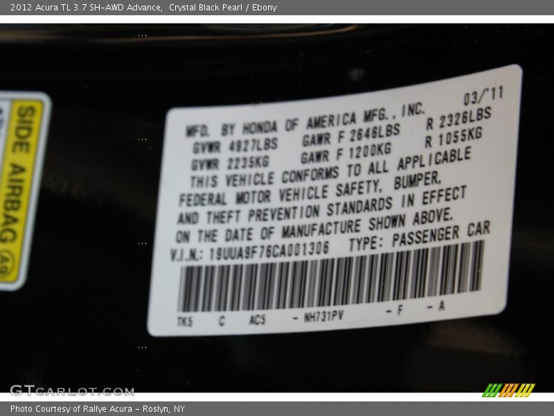 Crystal Black Pearl / Ebony 2012 Acura TL 3.7 SH-AWD Advance