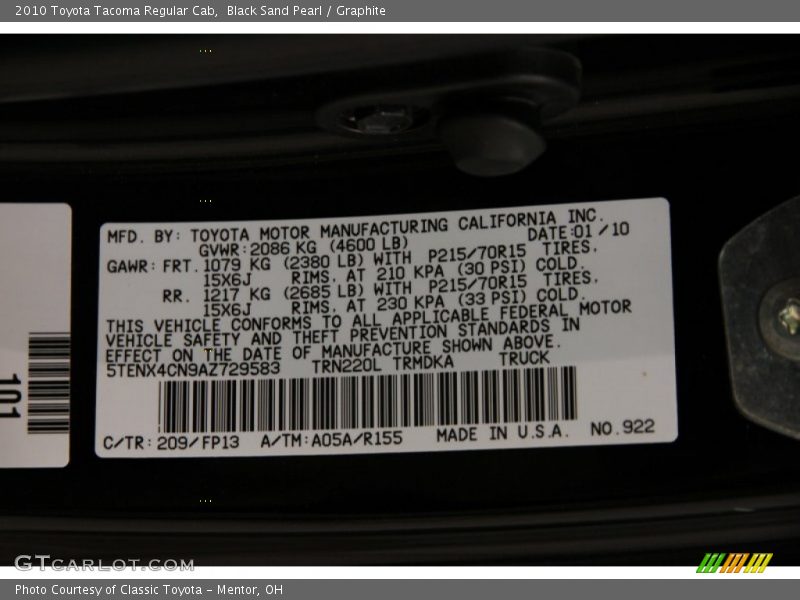 Black Sand Pearl / Graphite 2010 Toyota Tacoma Regular Cab