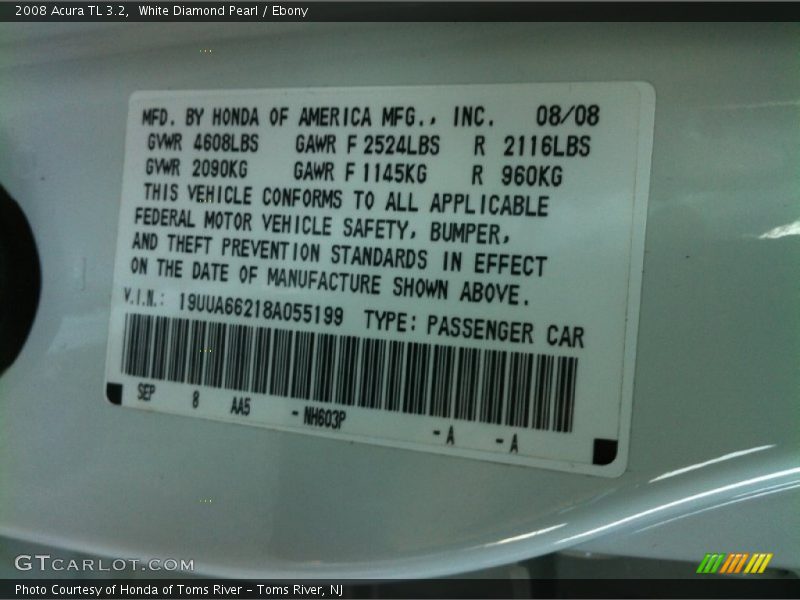 White Diamond Pearl / Ebony 2008 Acura TL 3.2
