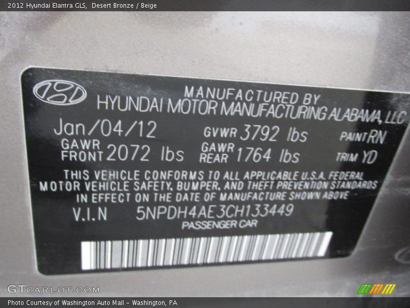 Desert Bronze / Beige 2012 Hyundai Elantra GLS