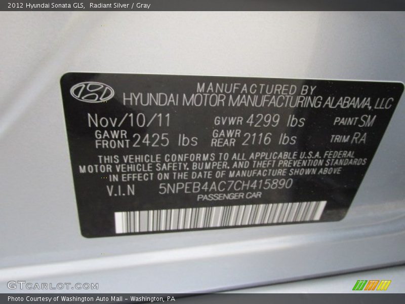 Radiant Silver / Gray 2012 Hyundai Sonata GLS