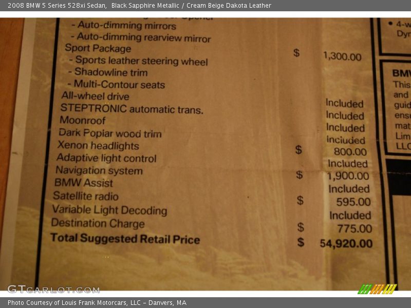 Black Sapphire Metallic / Cream Beige Dakota Leather 2008 BMW 5 Series 528xi Sedan