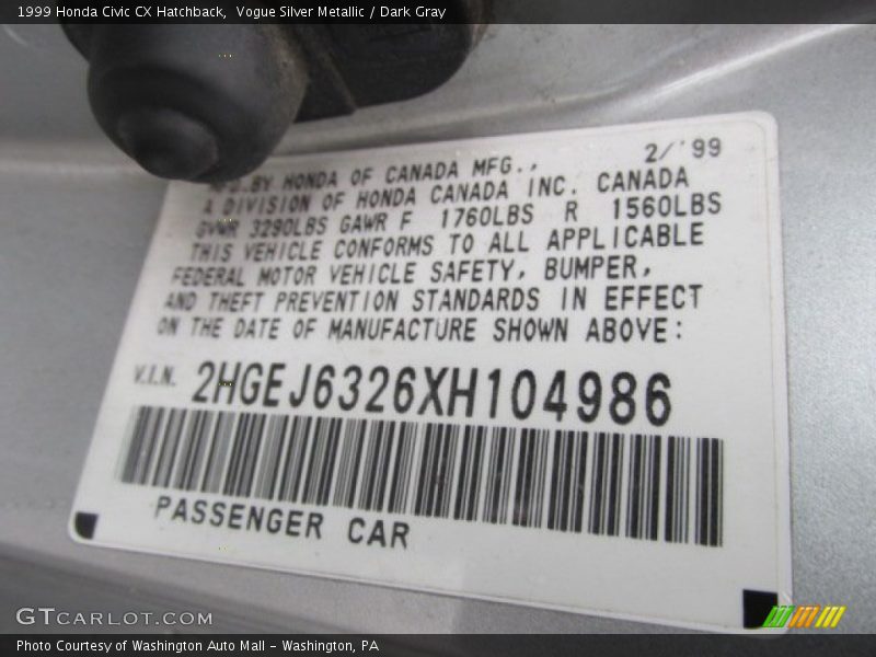 Info Tag of 1999 Civic CX Hatchback