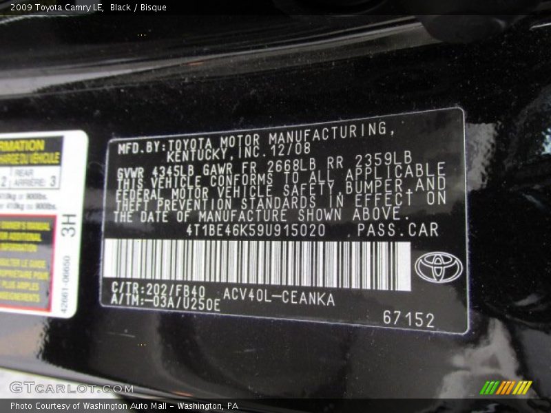Black / Bisque 2009 Toyota Camry LE
