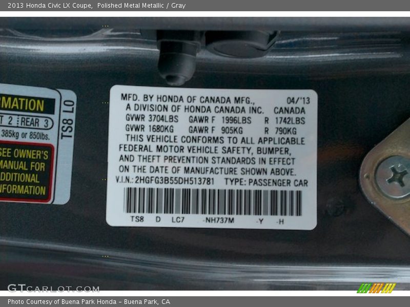 Polished Metal Metallic / Gray 2013 Honda Civic LX Coupe