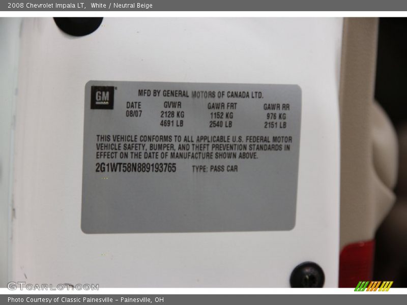 White / Neutral Beige 2008 Chevrolet Impala LT