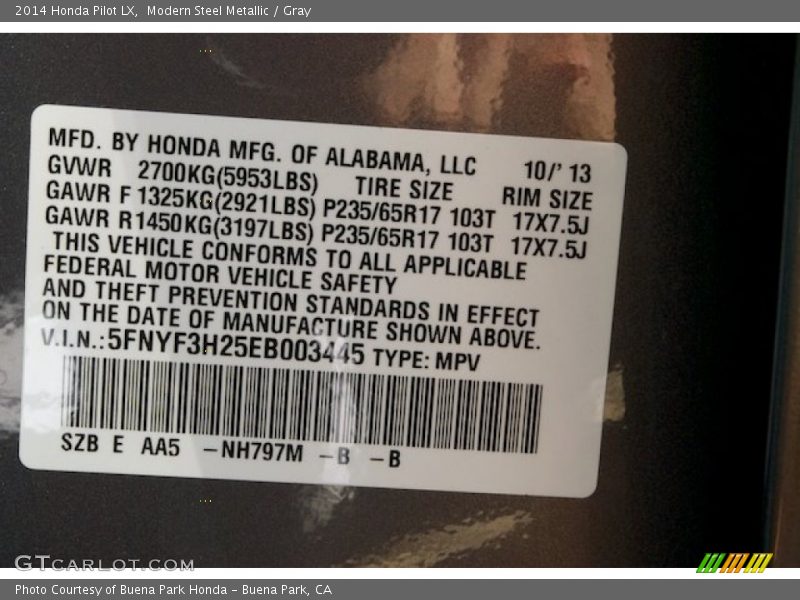 Modern Steel Metallic / Gray 2014 Honda Pilot LX