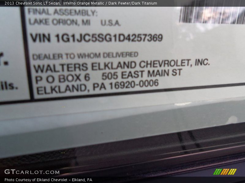 Inferno Orange Metallic / Dark Pewter/Dark Titanium 2013 Chevrolet Sonic LT Sedan