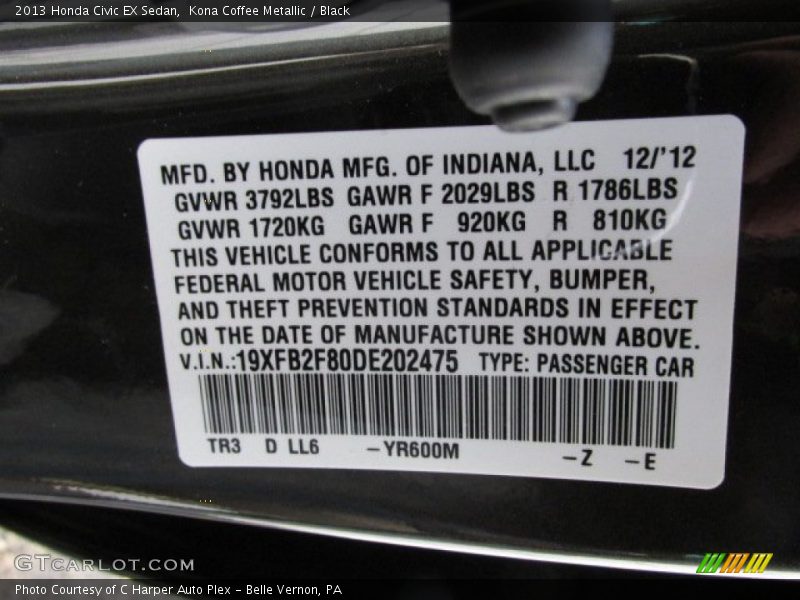 Kona Coffee Metallic / Black 2013 Honda Civic EX Sedan