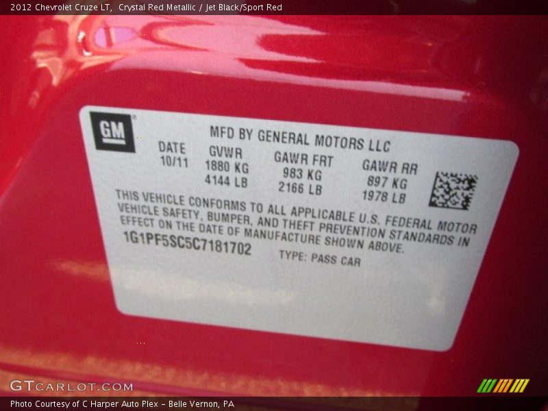 Crystal Red Metallic / Jet Black/Sport Red 2012 Chevrolet Cruze LT