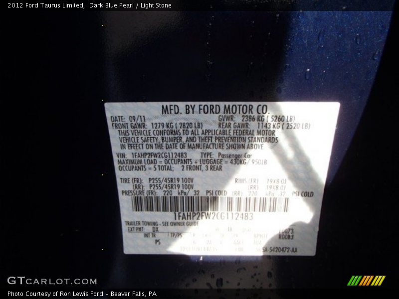 Dark Blue Pearl / Light Stone 2012 Ford Taurus Limited