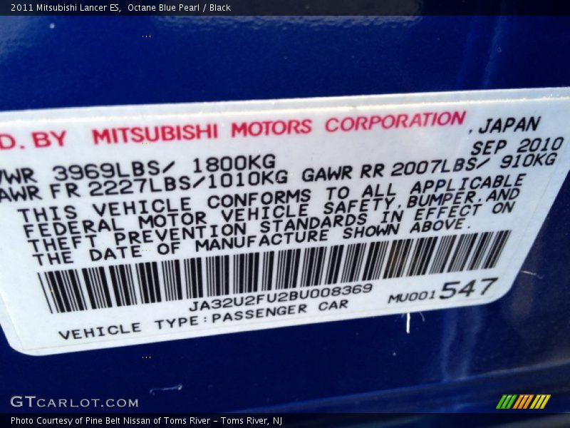 Octane Blue Pearl / Black 2011 Mitsubishi Lancer ES