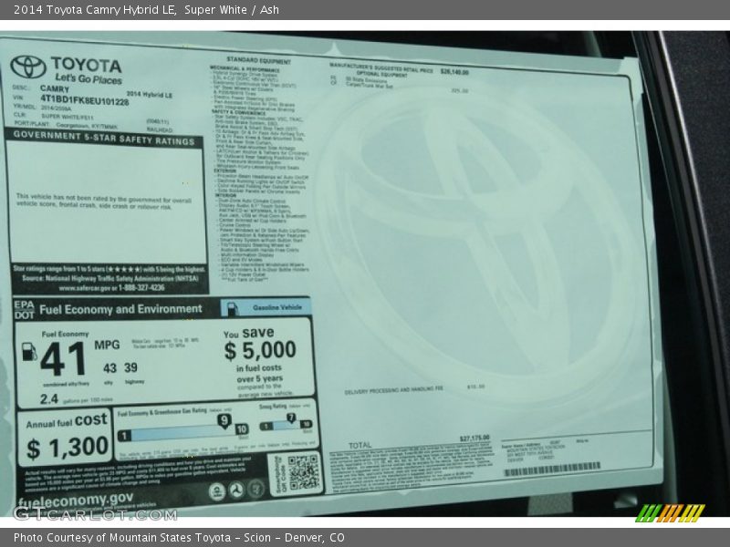 Super White / Ash 2014 Toyota Camry Hybrid LE