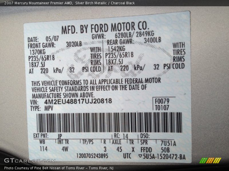 Silver Birch Metallic / Charcoal Black 2007 Mercury Mountaineer Premier AWD