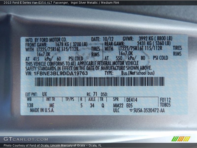 2013 E Series Van E350 XLT Passenger Ingot Silver Metallic Color Code UX