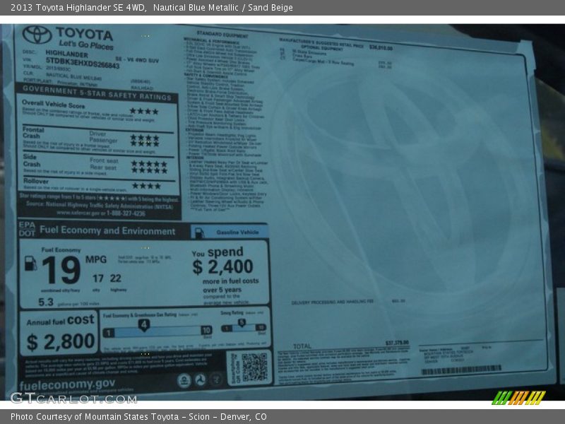 Nautical Blue Metallic / Sand Beige 2013 Toyota Highlander SE 4WD