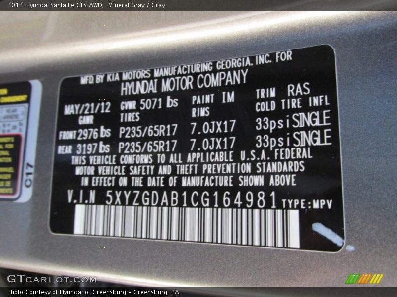 Mineral Gray / Gray 2012 Hyundai Santa Fe GLS AWD