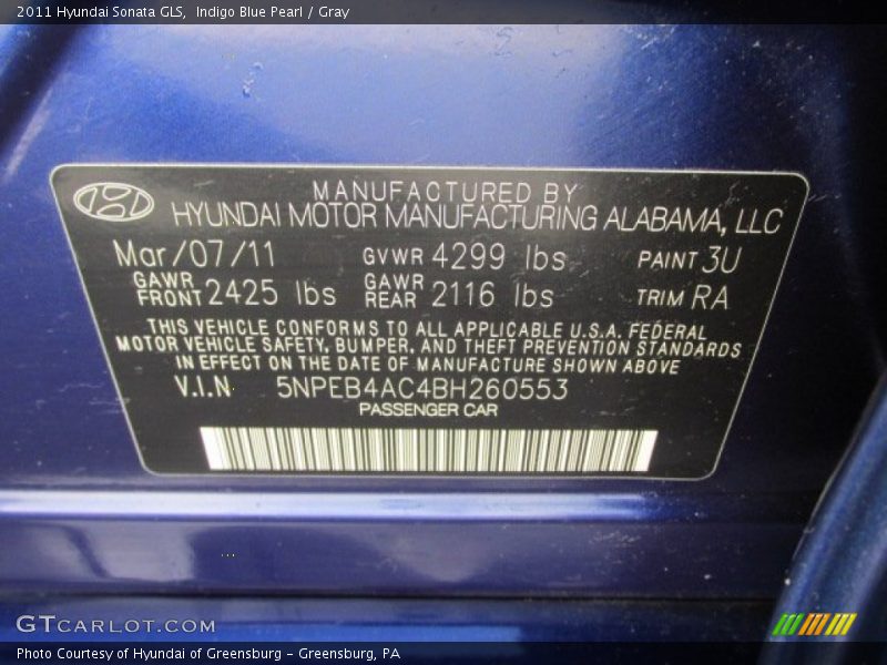 Indigo Blue Pearl / Gray 2011 Hyundai Sonata GLS