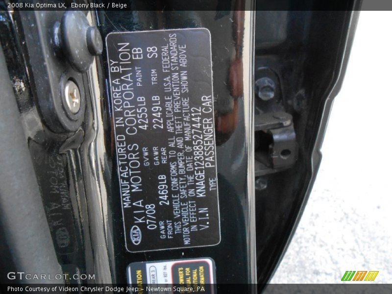 Ebony Black / Beige 2008 Kia Optima LX