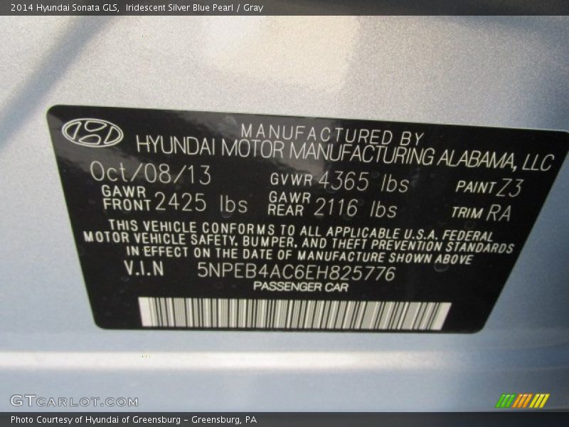 2014 Sonata GLS Iridescent Silver Blue Pearl Color Code Z3