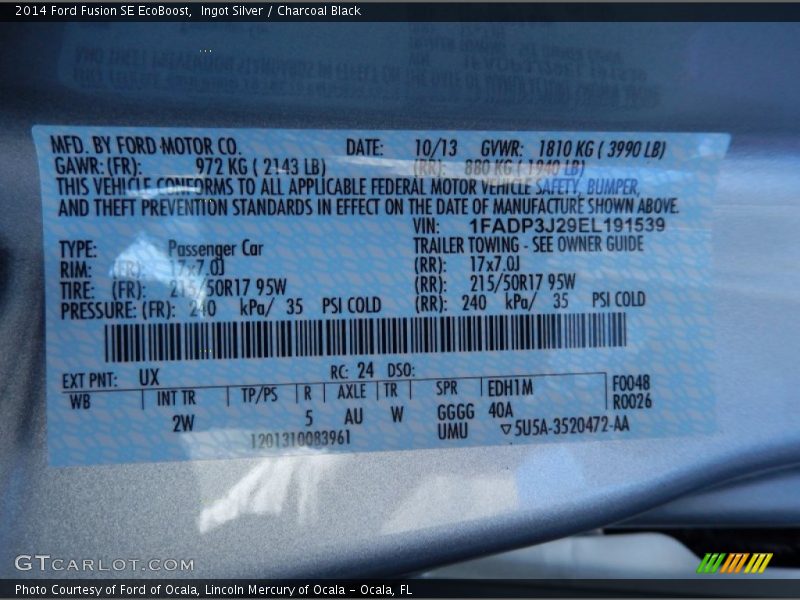 Ingot Silver / Charcoal Black 2014 Ford Fusion SE EcoBoost