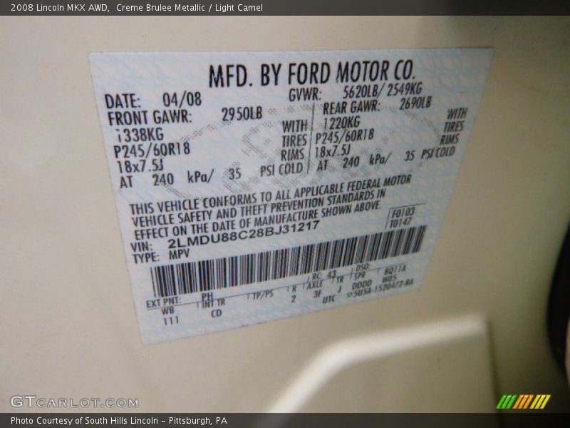 Creme Brulee Metallic / Light Camel 2008 Lincoln MKX AWD